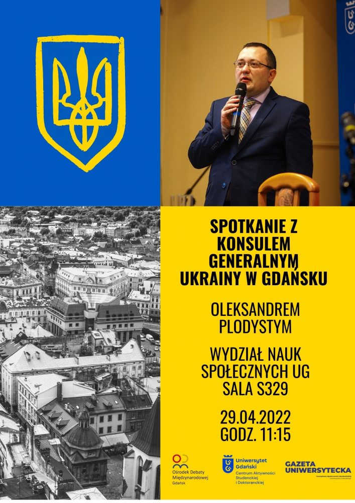 Plakat z informacją o miejscu i czasie spotkania; zdjęcie konsula; godło Ukrainy