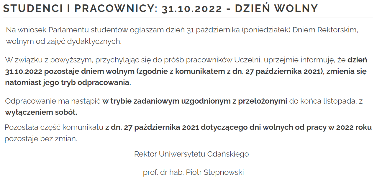 31.10.2022 - DZIEŃ WOLNY