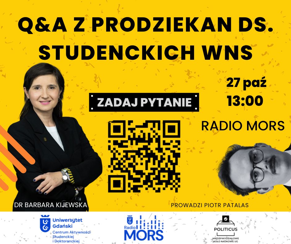Q&A z Prodziekan ds. Studenckich - na żółtym tle czarny napis, zdjęcie dr B. Kijewskiej i Piotra Patalasa