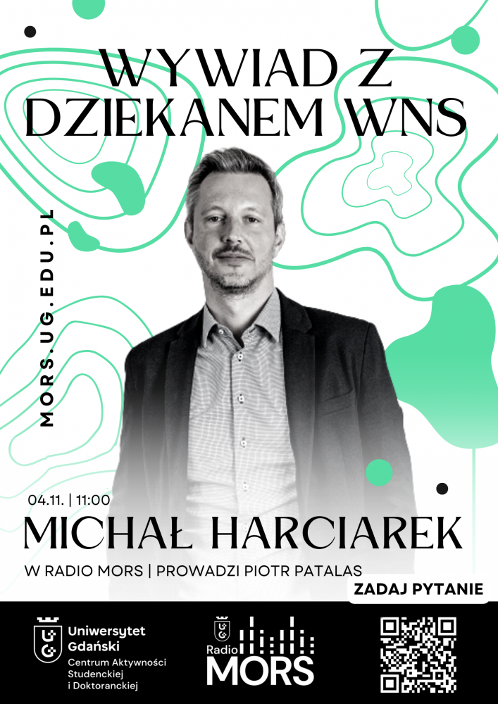 Plakat z Michałem Harciarkiem i informacja o rozmowie w Radiu MORS