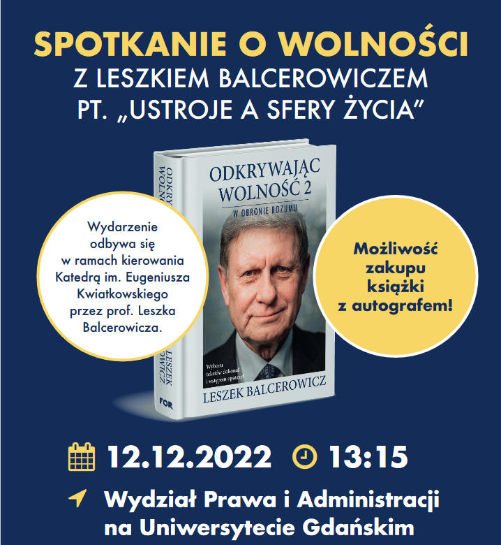 Plakat z inormacją o spotkaniu z Leszkiem Balcerowiczem 12.12.2022