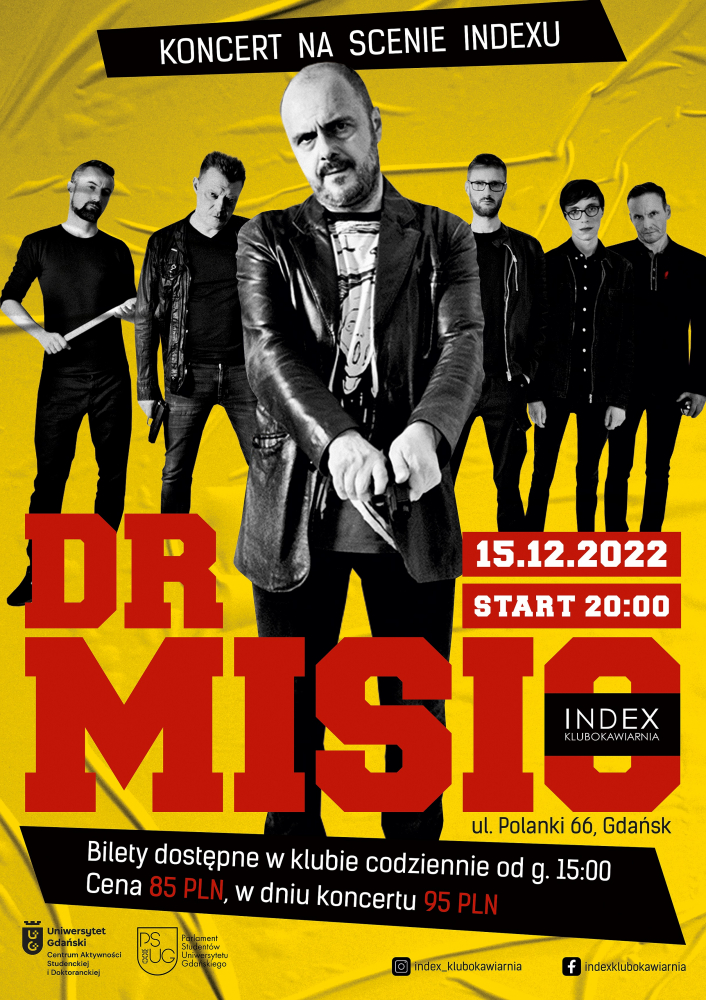 Plakat koncert dr Misio 15.12.2022, godz. 13.00, klubokawiarnia INDEX (DS4)