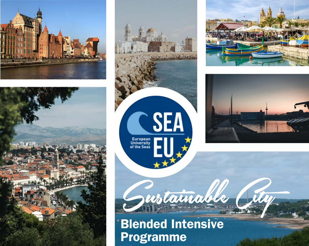 Grafika Sea-EU za zdjęciami z miast partnerskich i hasłem Sustainable City. Blended Intensive Programme 