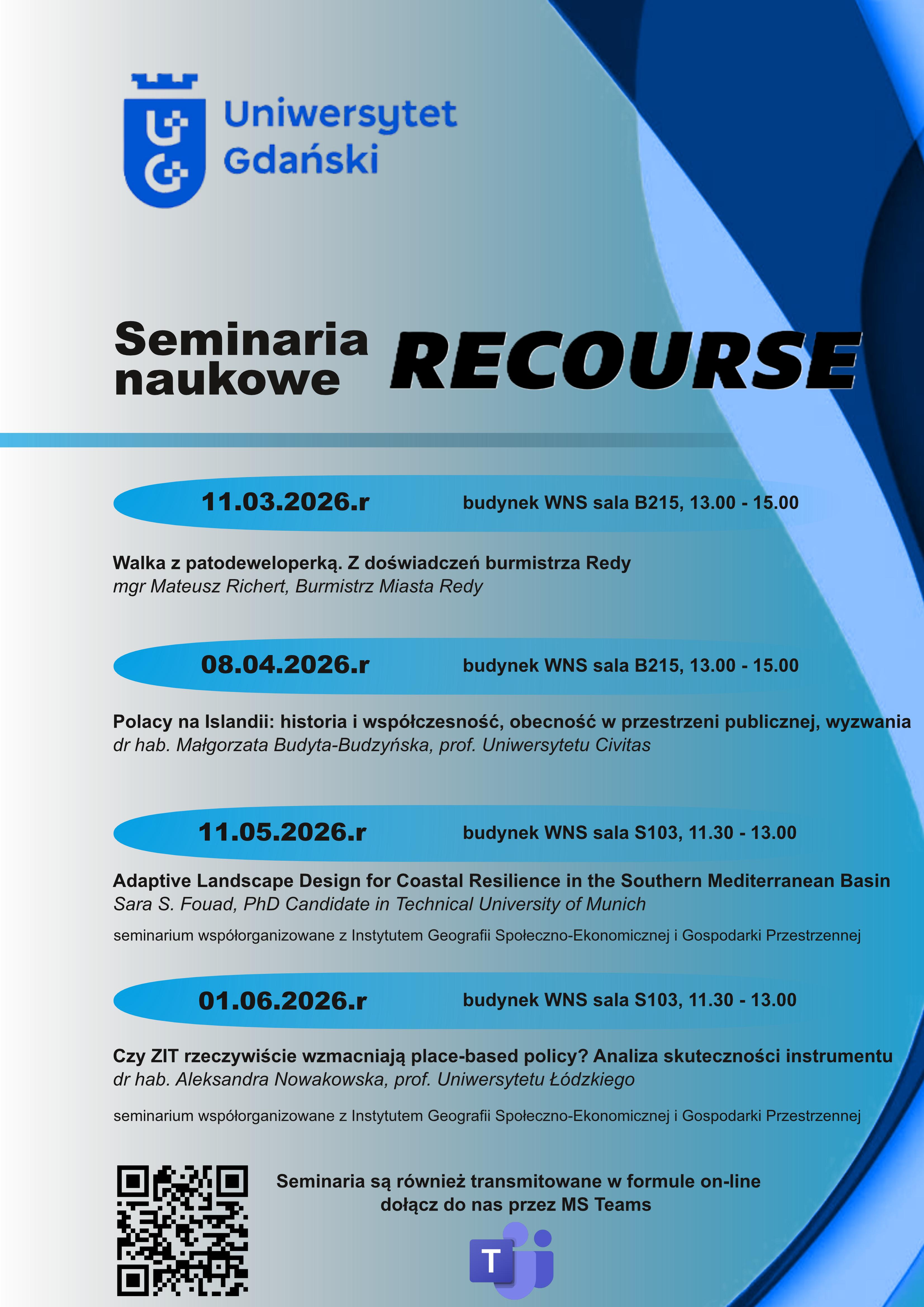 Plakat-harmonogram seminariów RECOURSE