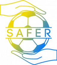 logo projektu SAFER, przedstawiający piłkę nożną z napisem SAFER, obejmowaną przez dłonie od góry i od dołu