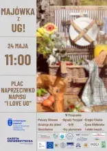 Plakat Majówka z UG 24 maja, 11:00; zdjęcie koszyka piknikowego; logotypy organizatorów u dołu