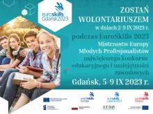 baner Zostań wolontariuszem w dniach 2-9 IX 2023 podczas Euroskills 2023 z logotypami organizatorów