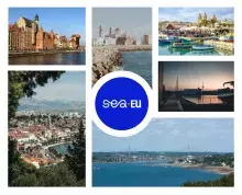 Grafika - kolaż: widoki z 6 miast, których uczelnie są zrzeszone w SEA-EU; pośrodku logo SEA-EU