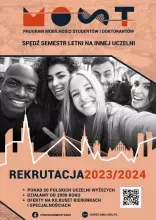 Plakat MOST program mobilności studentów i doktrantów. Spędź semestr letni na innej uczelni. Informacje o rekrutacji 2023/2024