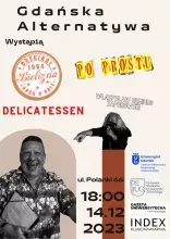 Plakat Gdańska Alternatywa z informacjami o wydarzeniu: nazwami zespołów oraz zdjęciami 2 muzyków występujących na koncercie, godziną, datą i miejscem wydarzenia (18:00, 14.12.2023, klubokawiarnia Index)