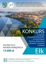 plakat dotyczący konkursu prezydenta miasta Ełka na najlepszą pracę dyplomową dotyczącą miasta Ełk