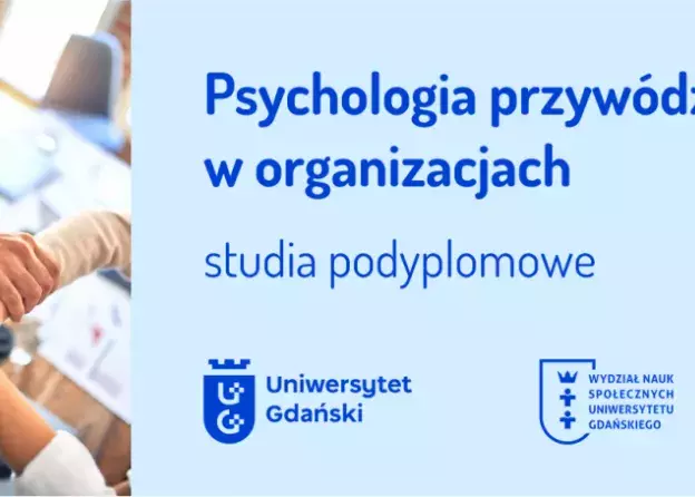 Grafika z 4 połączonymi rekami nad stołem, napis Psychologia przywództwa w organizacjach. Studia podyplomowe, logo UG i WNS