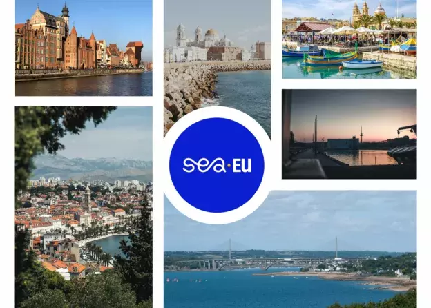 Kolaż: widoki z 6 miast, których uczelnie są zrzeszone w SEA-EU; pośrodku logo SEA-EU