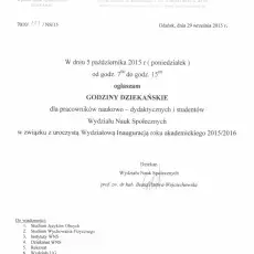 5.10.2015 od 7:00 do 15:00 dziekan WNS ogłasza godziny dziekańskie.