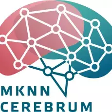 Logo MKNN CEREBRUM przedstawiajace graficzny obraz mózgu w kolorach różowym i morskiej zieleni, z symboliczna siecią powiązań